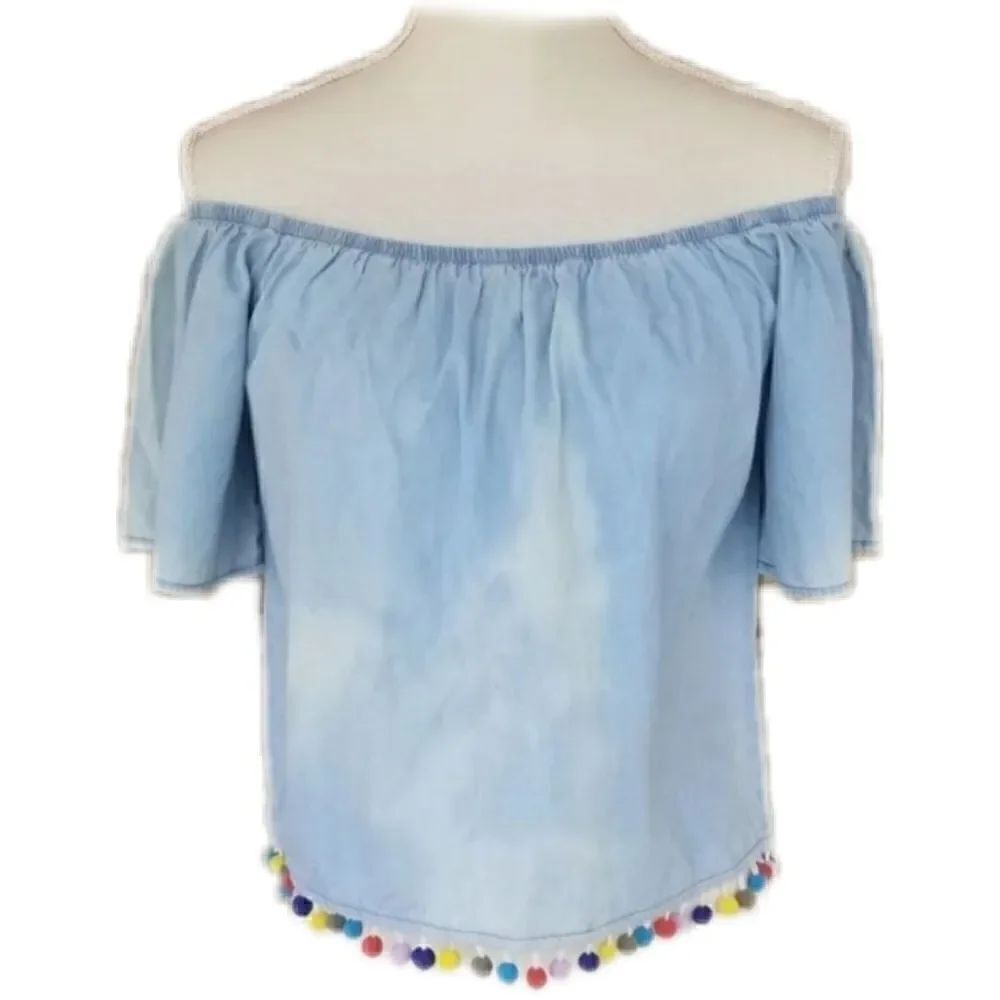 Off shoulder Denim Pom Pom crop top 5 for $25
